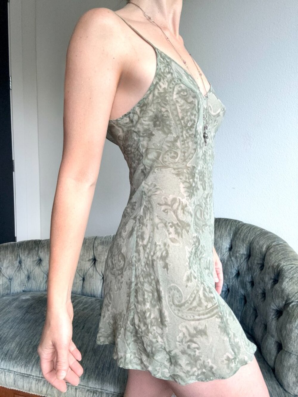 Victoria's Secret Vintage Silk Chiffon Mini Slip Dress XS Sage Green Paisley - Picture 2 of 8